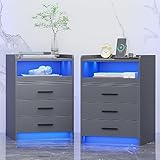 FREDEES Nachttisch 2er Set mit Ladefunktion, LED Nachttisch mit RGB-Licht und menschlichem Sensor-Design, Bedside Table mit 3 Schubladen für Schlafzimmer Wohnzimmer Büro, Grau