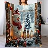 GSAEIMCT Weiß Grün Laterne Schneemann Weihnachtsdecke,Urlaubsdekoration Überwurfdecke Gemütlich,Weich Weihnachtsflanelldecke Cartoon-Dekoration Für Sofa Bett Alle Jahreszeiten,100X130Cm