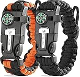 aZengear Paracord Überlebensarmband | Feueranzünder aus Feuerstein und Stahl, Pfeife und Kompass | verstellbare Bandgröße für Camping, Bushcraft und Notfallausrüstung (Schwarz und Orange, Paar)