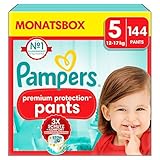 Pampers Baby Windeln Pants Größe 5 (12-17kg) Premium Protection, Junior mit Stop- und Schutz Täschchen, MONATSBOX, 144 Höschenwindeln