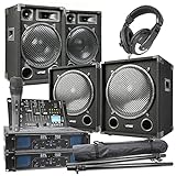 MAX-1215 - DJ Boxen Komplett Set Anfänger - 2200 Watt Peak - 2.2 DJ-Set - 2X Subwoofer, 2X Topteile, 2X Verstärker für Subs und Topteile, Tripod Stative, Kopfhörer, Mikrofon und DJ Mischpult