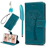 Badalink Hülle für Huawei P10 Lite Blau Eule Handyhülle Leder PU Case Cover Magnet Flip Case Schutzhülle Kartensteckplätzen und Ständer Handytasche mit Eingabestifte und Staubschutz Stecker