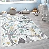 Paco Home Kinderteppich Teppich Kinderzimmer Spielteppich Pastell Junge Mädchen Auto Straße Haus Creme Petrol Grau Gelb, Grösse:120x160 cm