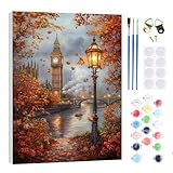 RICUVED Herbst Landschaft Malen nach Zahlen Erwachsene Kinder, London Malen nach Zahlen DIY Handgemalt Ölgemälde Kit Paint by Numbers Adult mit Rahmen 3 - Pinseln und Acrylfarbe Kit 20x30cm