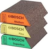 Bosch 3X EXPERT S470 Kombi Schleifschwämme (für Farbe auf Holz, Weichholz, Ø 69 x 97 x 26 mm, Mittel/Fein/Superfein, Professional Zubehör Handschleifen)