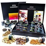 Hallingers Selection - 12 Sorten Tee Geschenkset mit Organizer, vegan & glutenfrei in Schraubgläsern (Set) - Geschenk im Sommer & als perfektes Grillgeschenk | Genesung Glückwünsche Neues Zuhause