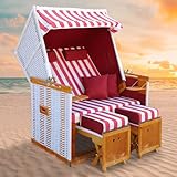 BRAST® Strandkorb Norderney Deluxe für 2 Personen | 120cm breit | 4 Designs | inkl. wetterfeste Abdeckhaube | verstellbare Rückenlehne Fußkissen | Weiß/Rot - gestreift