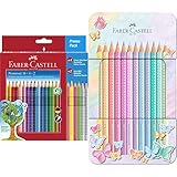 Faber-Castell 201540 - Buntstifte Set für Kinder und Erwachsene, 24-teilig, dreikant, bruchsicher, inkl. 4 Neonfarben und 2 Bleistiften & 201910 - Buntstifte Sparkle Pastell, 12er Metalletui