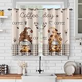VELOMEA Coffee GNOME Gardinen Karo Muster Kaffee Braun Beige Country Farmhouse Vorhänge für Küche Café 2er Set 107x114 cm