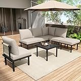 Laxnb Gartenmöbel Set Balkonmöbel Garten Lounge Möbel, 5-6 Sitzer Ecksofa mit Couchtisch und Kissen, Sitzgarnitur Gartenlounge Outdoor Terrassemöbel, Geflochtenes Seilhandwerk, Glastischplatte (Beige)
