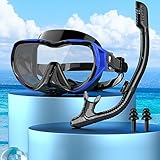 Schnorchelset Erwachsene mit Taucherbrille und Dry Schnorchel,Taucherbrille Erwachsene mit Linse Gehärtetem Glas Anti-Leck & Anti-Fog Panorama Tauchmaske für Schnorcheln, Schwimmen (Schwarzblau)