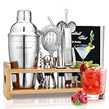 Cocktail Set, Godmorn Edelstahl Shaker Set, 15 Teiliges Barkeeper Set mit bessere Bambus Ständer, Rezeptbuch, Messbecher und Bar Löffel, 550 ml Geschenk Set für Zuhause oder die Bar