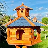 DARLUX handgefertigtes Sechseck Vogelhaus aus Holz wetterfest M - XL mit und ohne Ständer, Futterhaus, Futterhäuschen (Größe XXL ohne Ständer, Blau - Braun)