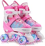 Gonex Verstellbar Rollschuhe, Leuchtenden Rädern Roller Skates für Mädchen Jungen Kinder Erwachsene (S (31-34) EU, ROSA)