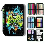 Mowtential 41 Artikel Federmappe 3 Fach Jungen,2025 Neu Spiel Federmäppchen Set, Federmäppchen 3 fächer,Einschulung Geschenk,Reißverschluss Schulbedarf(Schwarz Grün)