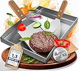 flammtal - Grillplatte aus 4mm rostfreiem Edelstahl [40 x 30cm] - Plancha mit Grillspachtel Set & Burgerpapier - passend für Gas- & Kohlegrill - auslaufsichere Ecken für sauberes Grillen