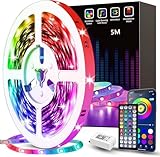 Tenmiro LED Streifen 5m, RGB LED Strip Musik sync Selbstklebend Lichterkette mit Fernbedienung und APP, Dimmbar Farbwechselnd Timer Led Band für Gaming,Party,Zimmer Deko
