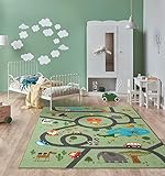 the carpet Happy Life Kinderzimmer, Kinderteppich, Spielteppich, Straßenteppich, Straße, Dschungel, Tiere, Auto, Grün, 140 x 200 cm