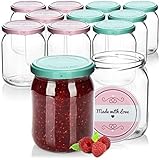 com-four® 12x Einmachgläser mit Schraub-Deckel 'Made with love' in grün und rosa - TO Ø 82 mm - empfohlene Füllmenge ca. 490 ml - bis Glasrand: ca. 540 ml