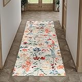 HUGEAR Beige Waschbarer Läufer Teppich Flur 60x180cm Blumenmuster Bettvorleger Blumen Boho Modern Küchen Wohnzimmer Schlafzimmer Teppiche rutschfest Kurzflor Weich Flurläufer Teppichläufer