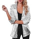 Generisch Frauen Pailletten Pailletten Jacke Casual Langarm Glitter Party Shiny Mantel Rave Oberbekleidung (Silver, L)