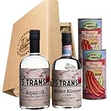Schnapsgeschenk Nr. 15237 | F5 Aquavit 0.5l (18% Vol) + Milder Kümmel Likör 0.5l (35% Vol) + 2 x Wiener Würstchen in Dose | Schwechower Brennerei (1229)