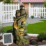 Solar Springbrunnen Außen Eulen, 4 - Stufen Gartenbrunnen Kaskade Zimmerbrunnen mit LED - Beleuchtung, Gartenbrunnen für Balkon, Terrasse, Drinnen & Draußen, Gartendekoration, 87 cm