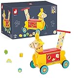 Janod - Wooden Llama Ride-On for Children - Silent Wheels - Storage Compartment and 6 Blocks Included - Learning Balance - For children from the Age of 1, J08004, Yellow and Red