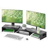 BONTEC Monitorständer Holz, Dual Monitor Stand Riser mit Handyhalter, Verstellbare Länge und Schwenkwinkel, Ergonomischer Monitorständer für 2 Monitore, Für Büro und Heimarbeit