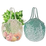 Mordx 2 Stück Einkaufstasche Netz Wiederverwendbar,Baumwolle Einkaufsnetz Bags,Einkaufsnetzbeutel mit langem Griff für die Aufbewahrung von Obst und Gemüse (Beige+Cyan)