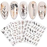 JMEOWIO Nagelsticker Rose Gold Schwarze Blume 12 Blatt Nail Art Sticker Selbstklebend Nagelaufkleber Frühlings Linie Abstraktes Blatt Dekoration Nageldesign Zubehör