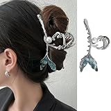 Blaue Fischschwanz-Haarspangen mit Perlen-Design, Metall-Klauenclip für dickes Haar, große silberfarbene Haarspange, starker Halt, rutschfeste Haarspangen, niedliches Haar-Accessoire für Damen und