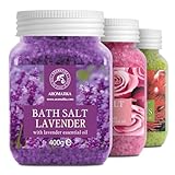 Bademeersalz Set 3x400g Lavendel mit Lavendelöl, Rose mit Absolutes ätherisches Rosenöl, Eukalyptus mit Eukalyptusöl - Meersalz - Salz Geschenkset für Guten Schlaf - Stressabbau - Baden - Körperpflege