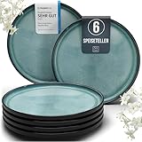 Steingut Teller groß 6 Pers. Ibiza Hochwertiges Mediterranes TEST SEHR GUT Steingut Speiseteller Set - Spülmaschinen-, Mikrowellen- und Kratzfest - Stylisches Essteller Set - Pure Living in Petrol