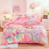 Gezu Winter Bettwäsche 135x200cm Regenbogen Bunt Plüsch Langhaar Warme Bettwäsche Set 4 Teilig Cashmere Touch Bettbezug mit Reißverschluss und 2 x Kopfkissenbezug 80 x 80 cm