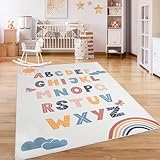 Paco Home Teppich Kinderzimmer Kinderteppich Spielteppich Kurzflor rutschfest Krone Herzen Punkte Sonne Regenbogen Buchstaben, Grösse:80x150 cm, Farbe:Bunt