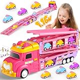 Transport Truck Spielzeug Auto Spielzeug Set mit 8 Rennwagen für Mädchen 1,2,3,4,5 Jahre LKW Spielzeug Rosa Truck Spielzeug Transporter Fahrzeug Spielzeugautos Rennauto Geschenk für Kinder 3+ Alter