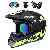 Unisex Volles Gesicht MTB Motocross Helm, mit Brille Maske Handschuhe, Jugend Kind Offroad Motorrad ATV Roller Absturz Helm, Bergab Quad Dirtbike Enduro Helm, Geschenk für Junge und Mädchen(Light Gree