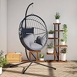 Willood Hängesessel mit Gestell Ei-Design Schaukel Indoor oder Outdoor Sessel mit Kissen + Rückenkissen Hellgrau Rattan und Stahl