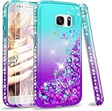 LeYi Hülle für Galaxy S7 Glitzer Handyhülle mit Panzerfolie Schutzfolie(2 Stück),Cover Diamond Rhinestone Bumper Schutzhülle Case für Samsung Galaxy S7 Handy Hüllen Gradient Turquoise Purple