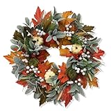 Bauernhaus-Herbstkranz mit Rattankürbissen und Ahornblättern, große Herbstdekoration für Thanksgiving, Veranden und Tischdekoration