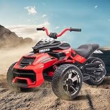 Kinder Elektrofahrzeuge, 12V dreirädriges Elektro-ATV, dreirädriges Elektroauto Elektro-Motorrad mit 2 25-Watt-Motoren, USB-Bluetooth, Cooles Licht, Kindermotorrad Kinderauto Elektroauto, Rot+Schwarz