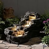 Gartenbrunnen mit LED-Beleuchtung, 5-stufiger Etagenbrunnen aufstellbar, Naturstein-Optik Wasserfall-Brunnen für Terrasse, Eingangsbereich | Garten-Dekoration & Wohnaccessoire | 94 x 49 x 53 cm