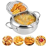 YushengTai Frittiertopf 24cm, Japanische Tempura Fritteuse, Edelstahl Fritiertopf mit Thermometer, Abtropfgestell, Japanischer Frittiertopf für Pommes Frites, Hühnerflügel und Garnelen