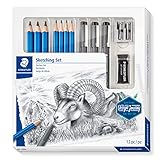 STAEDTLER Zeichen Set, Komplett-Set mit 4 Premium Bleistiften, 3 Premium Jumbo-Bleistiften, 3 schwarzen Finelinern, 1 Radierer, 1 Doppel-Spitzer und Step-by-Step Anleitungen, 61 100