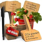 Bambus Pflanzenschilder Set 40 Stk | 20 Pflanzschilder blank zur individuellen Beschriftung & 20 gravierte Schilder mit gängisten Kräuter & Gemüsearten | Kräuterschilder | Pflanzenschilder wetterfest