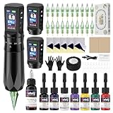 Solong Tattoo Maschine Set 2 Batterien, 7 Strokes, Rotary Wireless Tattoo Kit LCD Digital, 20 Cartridges Nadeln, 8 hochwertige Tinten für Anfänger Künstler EF-TKE751AEU-1