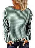 Dokotoo Langarmshirt Damen Rundhals Gestreift T-Shirt Basic Longsleeve Tee Lässige Oberteile Shirt Tops, grün, M