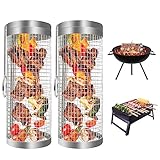 2 Stück Rolling Grillkorb - Zylindrischer Grillkorb - Edelstahl Rollender Grillkorb - BBQ Grillzubehör für Camping - für Außengrill Gemüse, Grillhalter für Pommes, Fleisch, Fisch, Garnelen