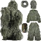 Beler Ghillie Suit für Kinder Herren,5-teilige 3D Camouflage Anzug Jagdbekleidung, Tarnanzug für Jagd, Wald und Taktische Einsätze, Camouflage Set mit Jacke, Hose, Kopf (Waldgrün, S)